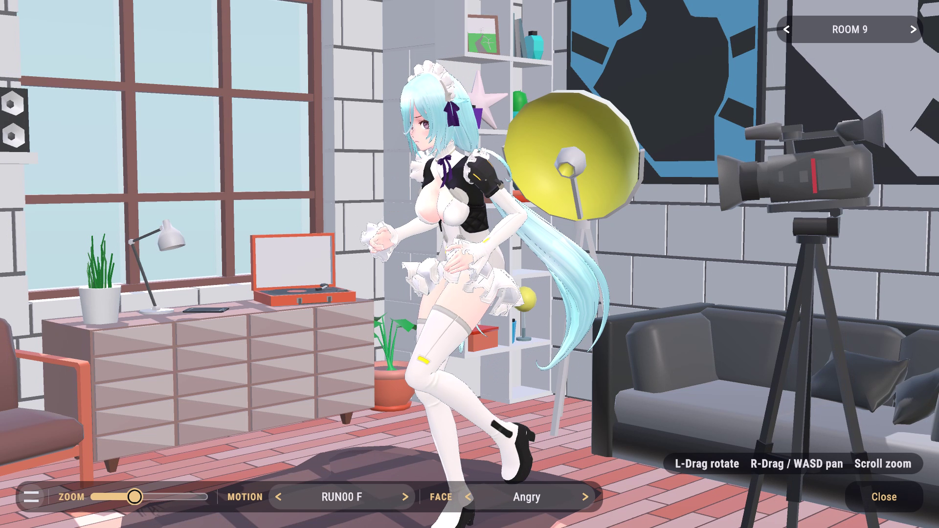GACHA AND SLEEP character room with pose and expression controls