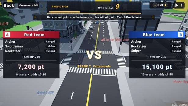 Prediction Battle betting screen, Red team against Blue team